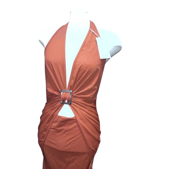 Halara Deep V Neck Halter Backless Ruched Bodycon Mini Casual Dress Sz Large Bro - Picture 13 of 14